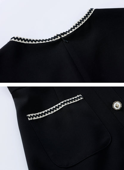 Black Contrast Trim Button Front Mini Dress with Pockets