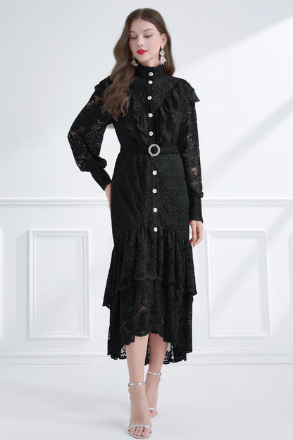 Women's Lace High Neck Ruffles Fishtail Maxi Dress