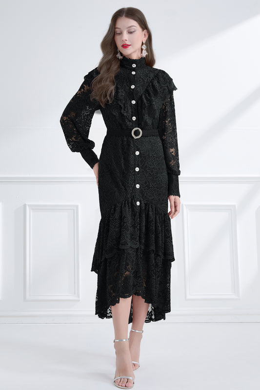 Women's Lace High Neck Ruffles Fishtail Maxi Dress