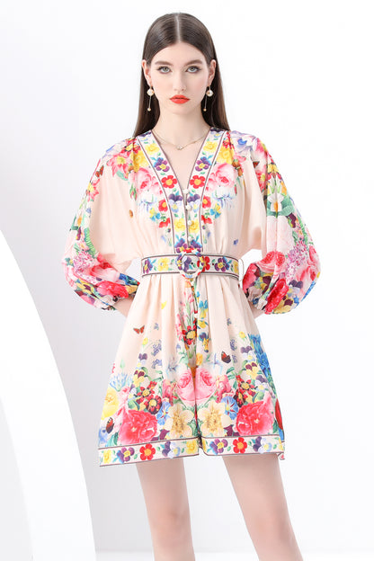 Women's V-Neck Floral Print Lantern Sleeve Mini Dress