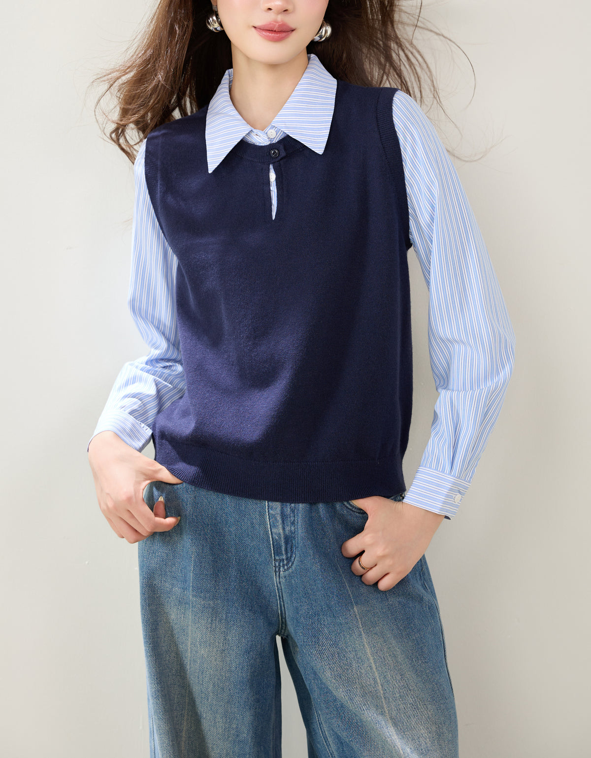 Navy Striped Collared Knit Shirt – Polished Preppy Fall Top