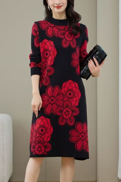 Women's Turtleneck Print Pullover Sweater Midi Dress