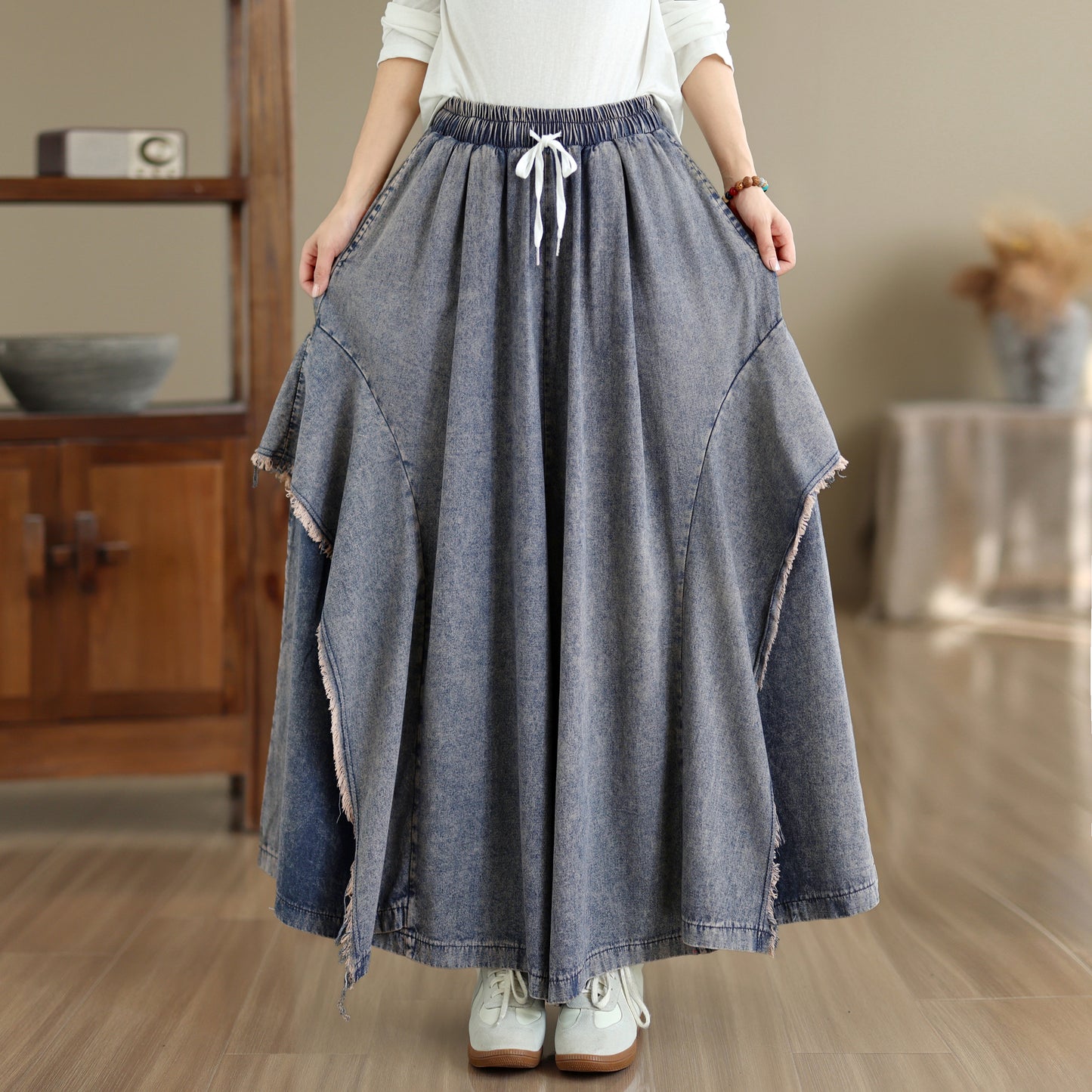 Women Loose Denim Skirt Pants Baggy Elastic Waist Casual Wide Leg Jeans