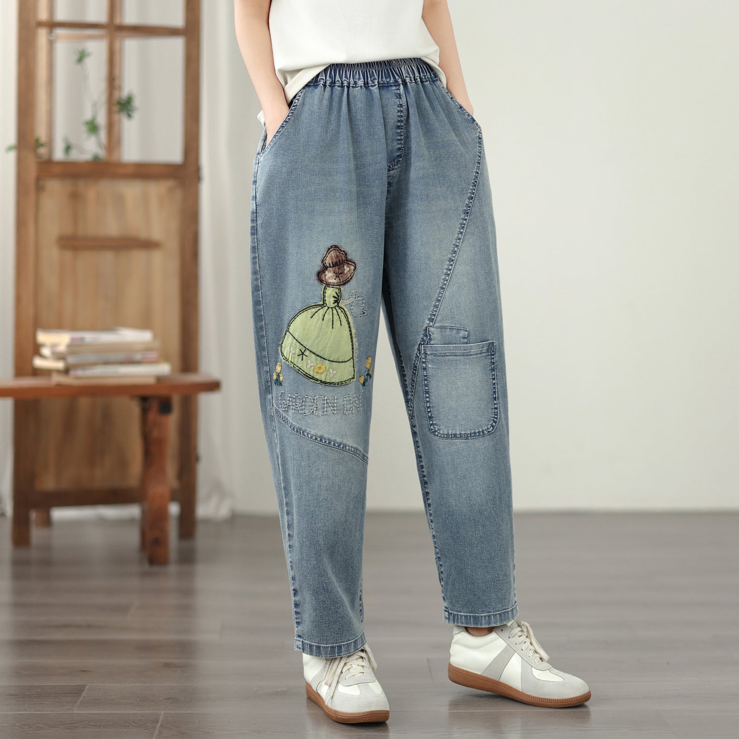 Women's Casual Denim Harem Jeans Elastic Waist Loose Pants