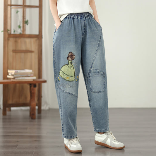 Women's Casual Denim Harem Jeans Elastic Waist Loose Pants - LAI MENG FIVE CATS