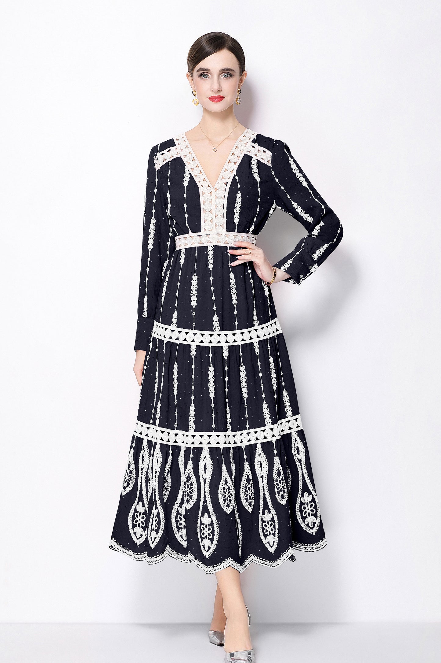 Women's V Neck Long Sleeve Hollowed Lace Linen Dress - LAI MENG FIVE CATS