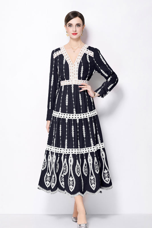 Women's V Neck Long Sleeve Hollowed Lace Linen Dress