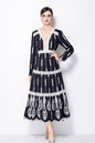 Women's V Neck Long Sleeve Hollowed Lace Linen Dress - LAI MENG FIVE CATS
