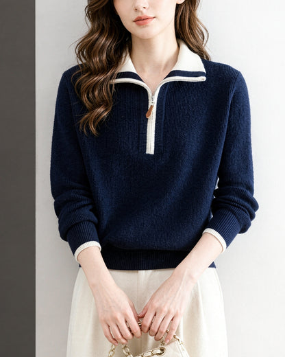 Contrast Collar Half-Zip Knit Sweater – Chic Colorblock Ribbed Pullover