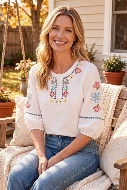 Lightweight Chic Floral Embroidered 3/4 Sleeve Summer Blouse