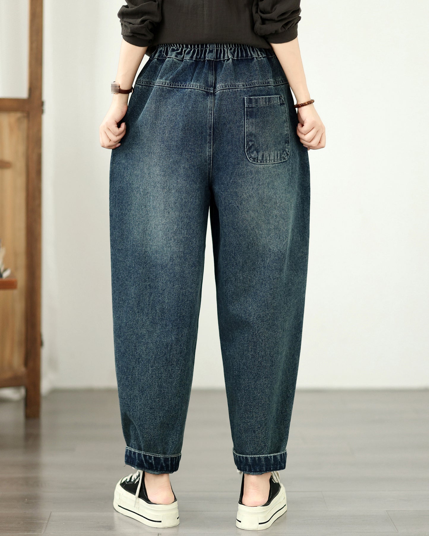 Vintage Embroidered Denim Harem Pants with Elastic Waist