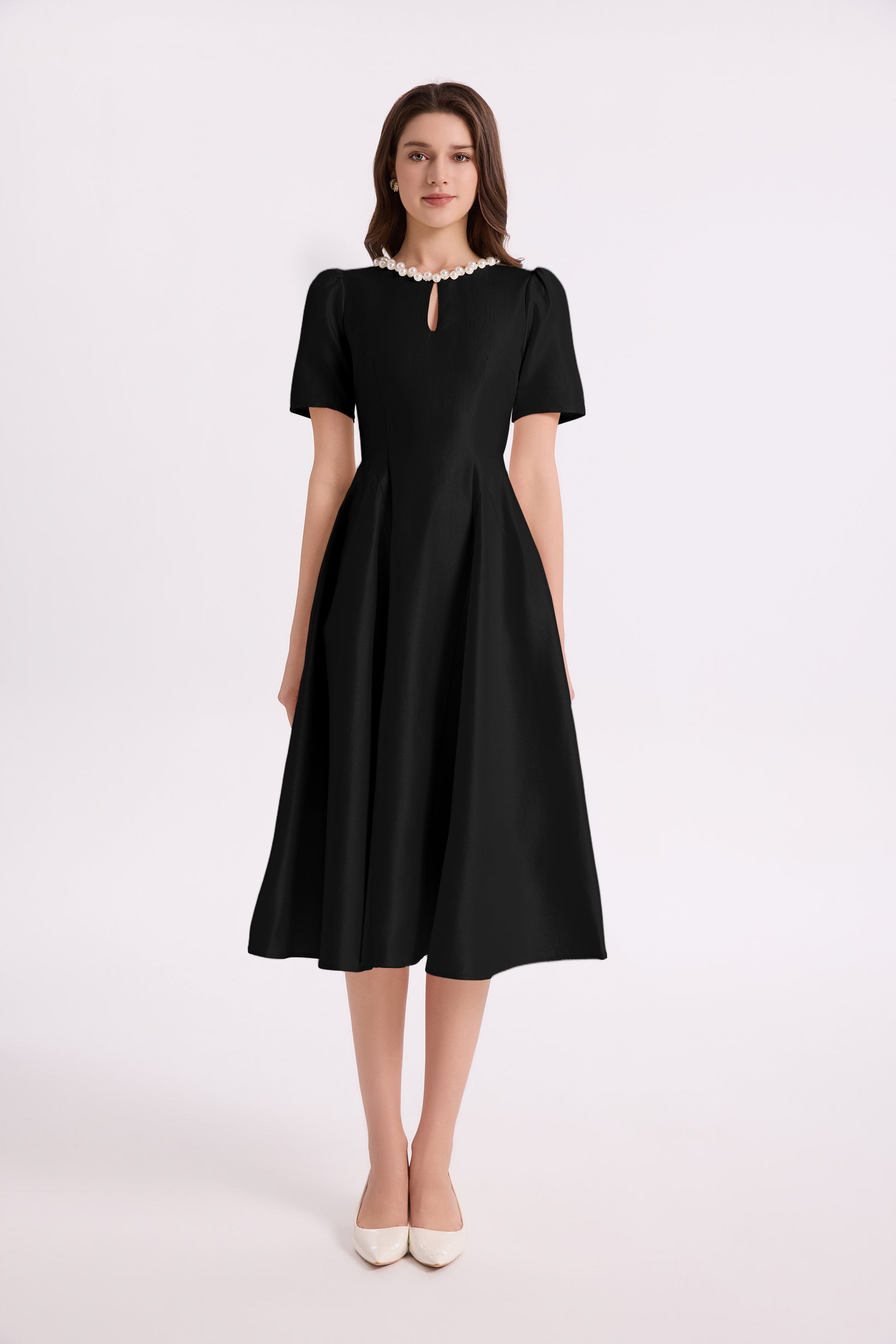 Elegant Pearl-Trim A-Line Midi Dress - LAI MENG FIVE CATS