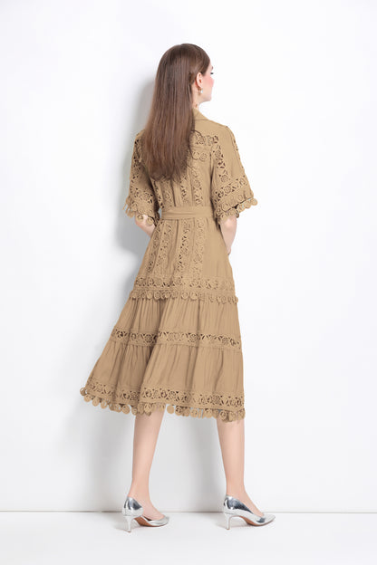 Women's Lace Lapel V-Neck Short Sleeve Midi Dress