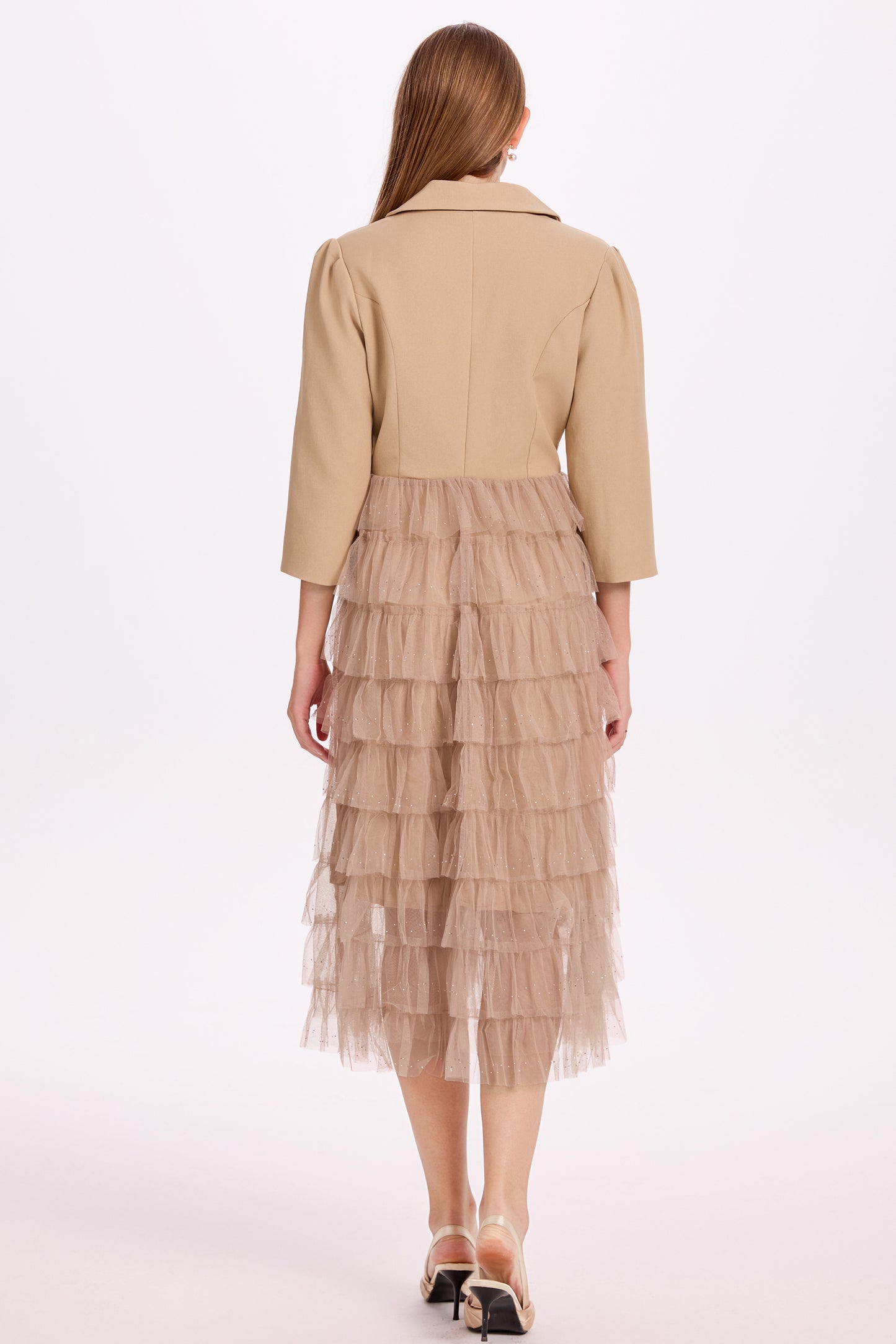 Women's Blazer Dresses Tulle Ruffle Mesh Midi Dress