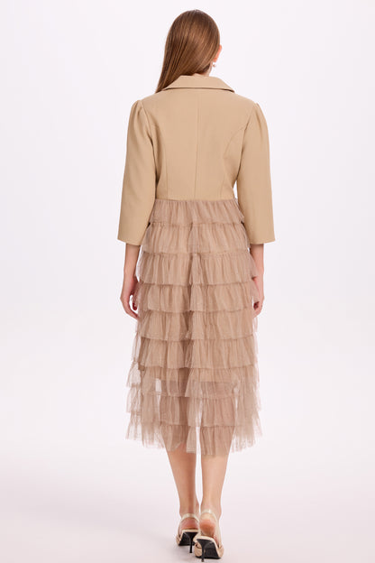 Women's Blazer Dresses Tulle Ruffle Mesh Midi Dress