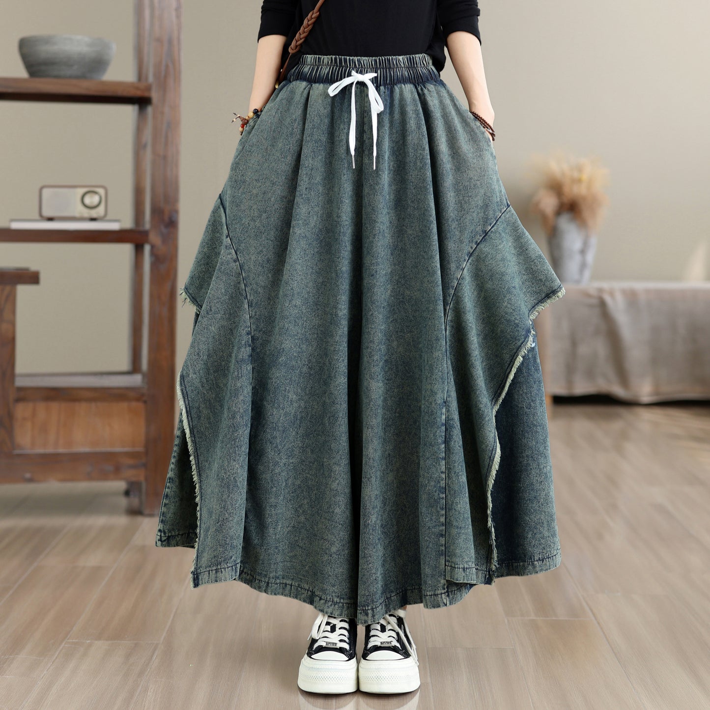 Women Loose Denim Skirt Pants Baggy Elastic Waist Casual Wide Leg Jeans