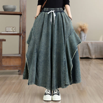 Women Loose Denim Skirt Pants Baggy Elastic Waist Casual Wide Leg Jeans