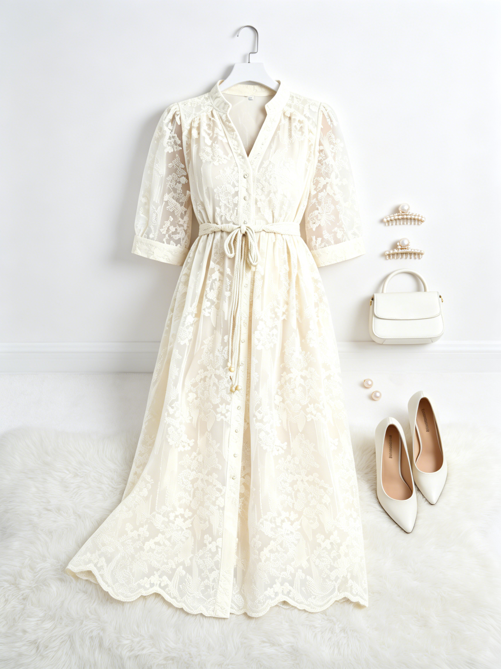 Apricot Embroidered Mesh Elegant Midi Dress - LAI MENG FIVE CATS