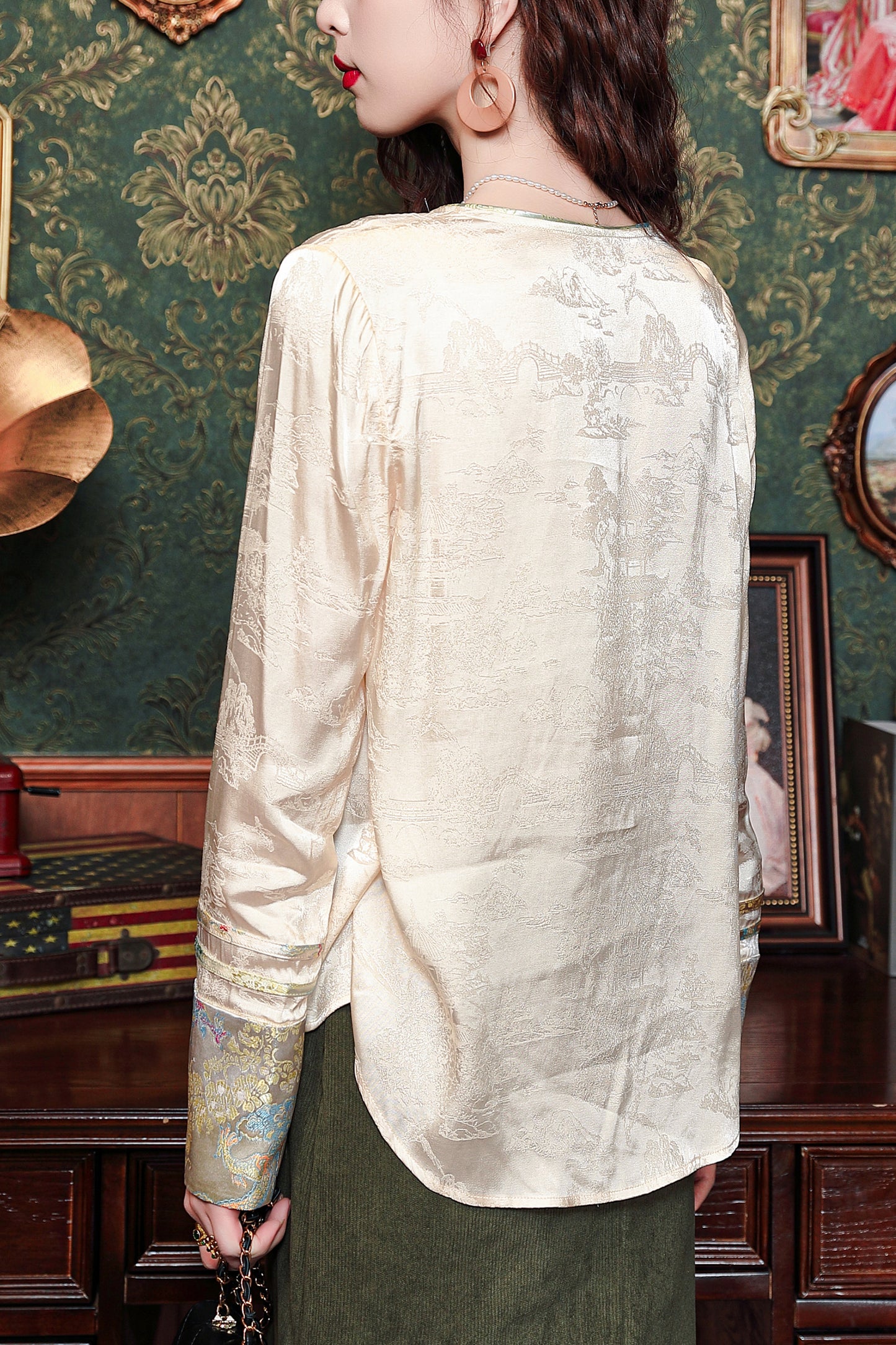Women's Round Neck Jacquard Embroidery Blouses - LAI MENG FIVE CATS