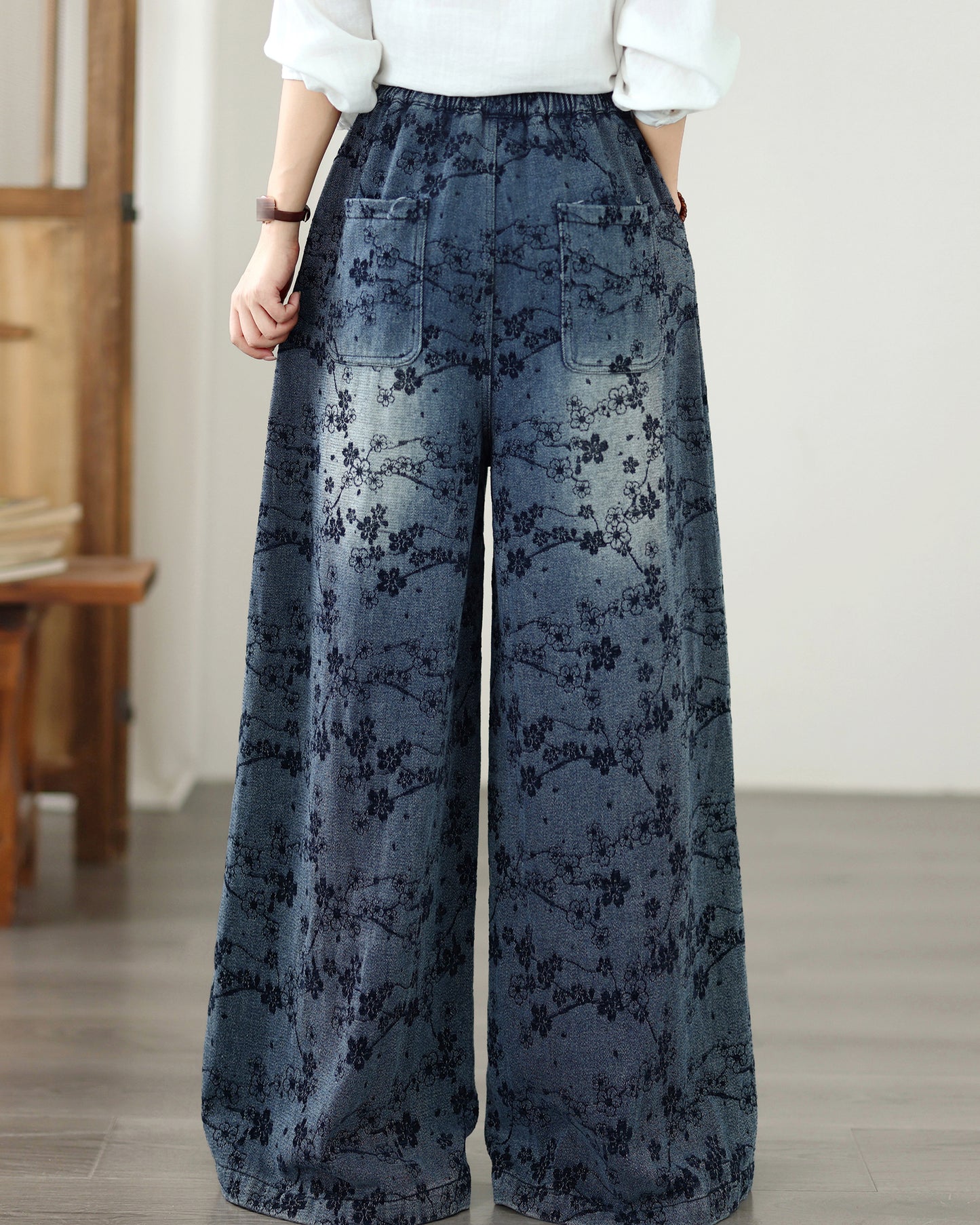 Vintage Floral Print Denim Wide-Leg Pants Wide-Leg Jeans