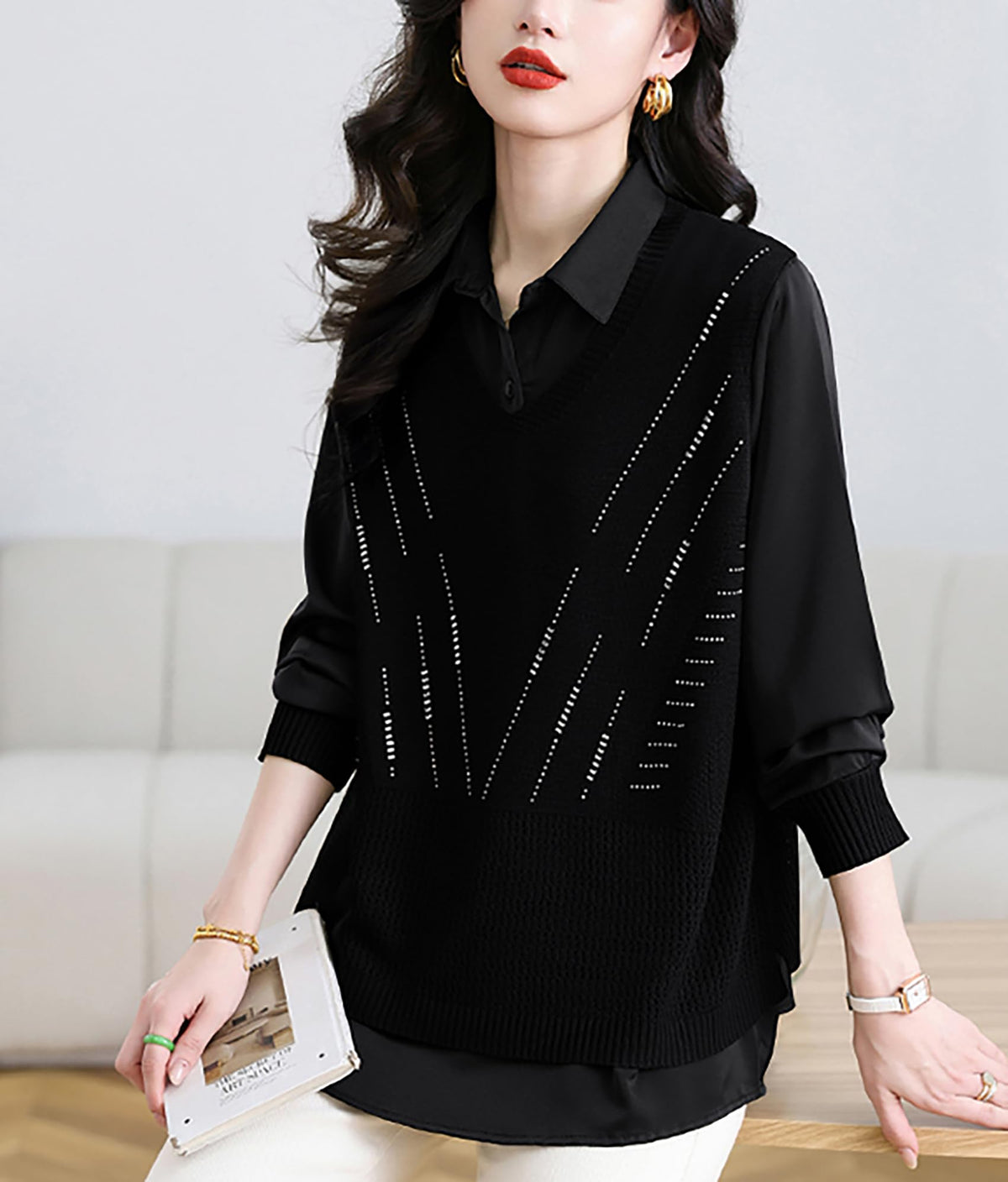 Women's 2-in-1 Layered Knit Vest Top — Shirt Collar with Dotted Trim