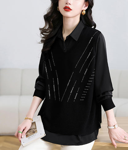 Women's 2-in-1 Layered Knit Vest Top — Shirt Collar with Dotted Trim