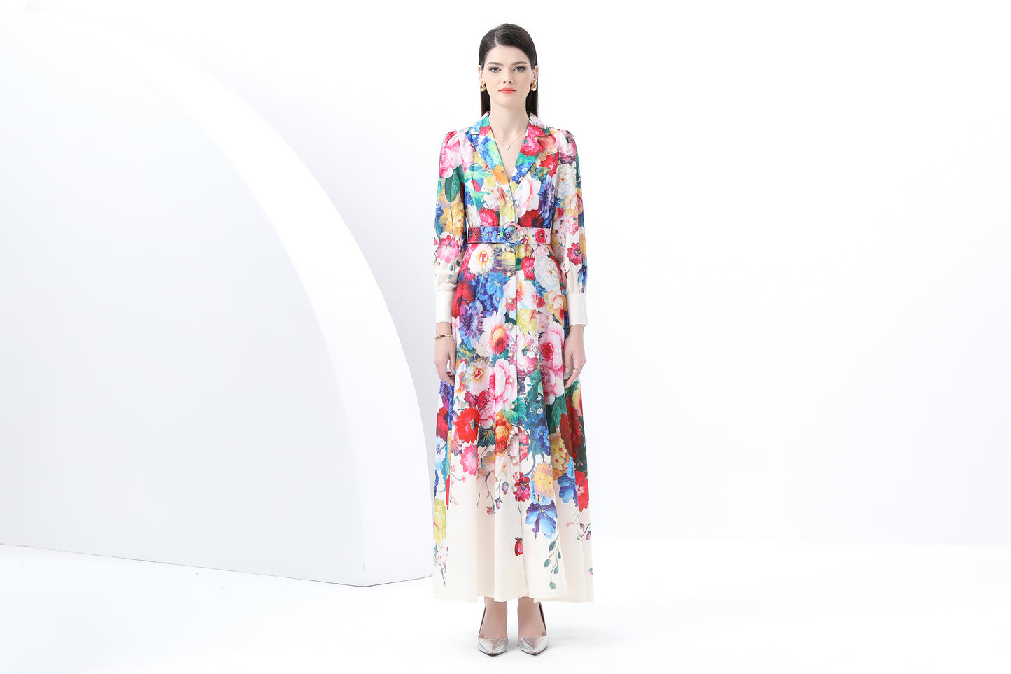 Women's Notch Lapels Puff Sleeve Print Maxi Dress