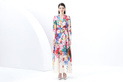 Women's Notch Lapels Puff Sleeve Print Maxi Dress