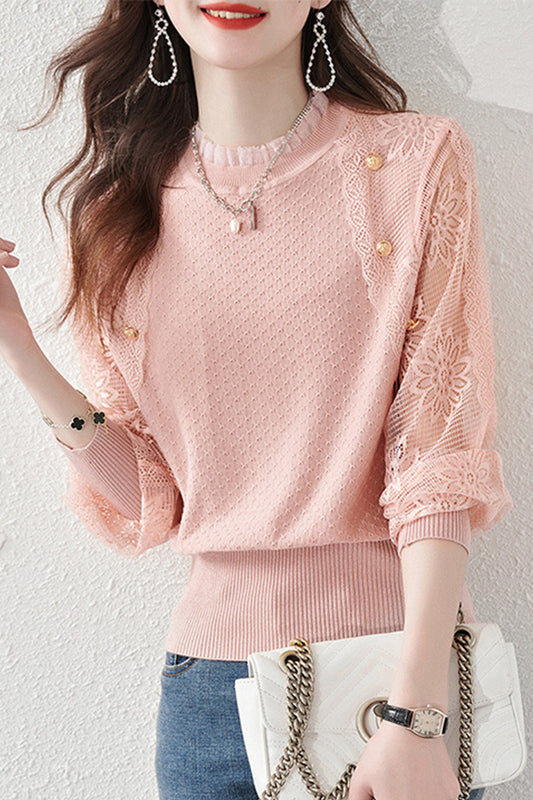 Women's Turtleneck Sweater Lantern Sleeves  Lace Tops - LAI MENG FIVE CATS