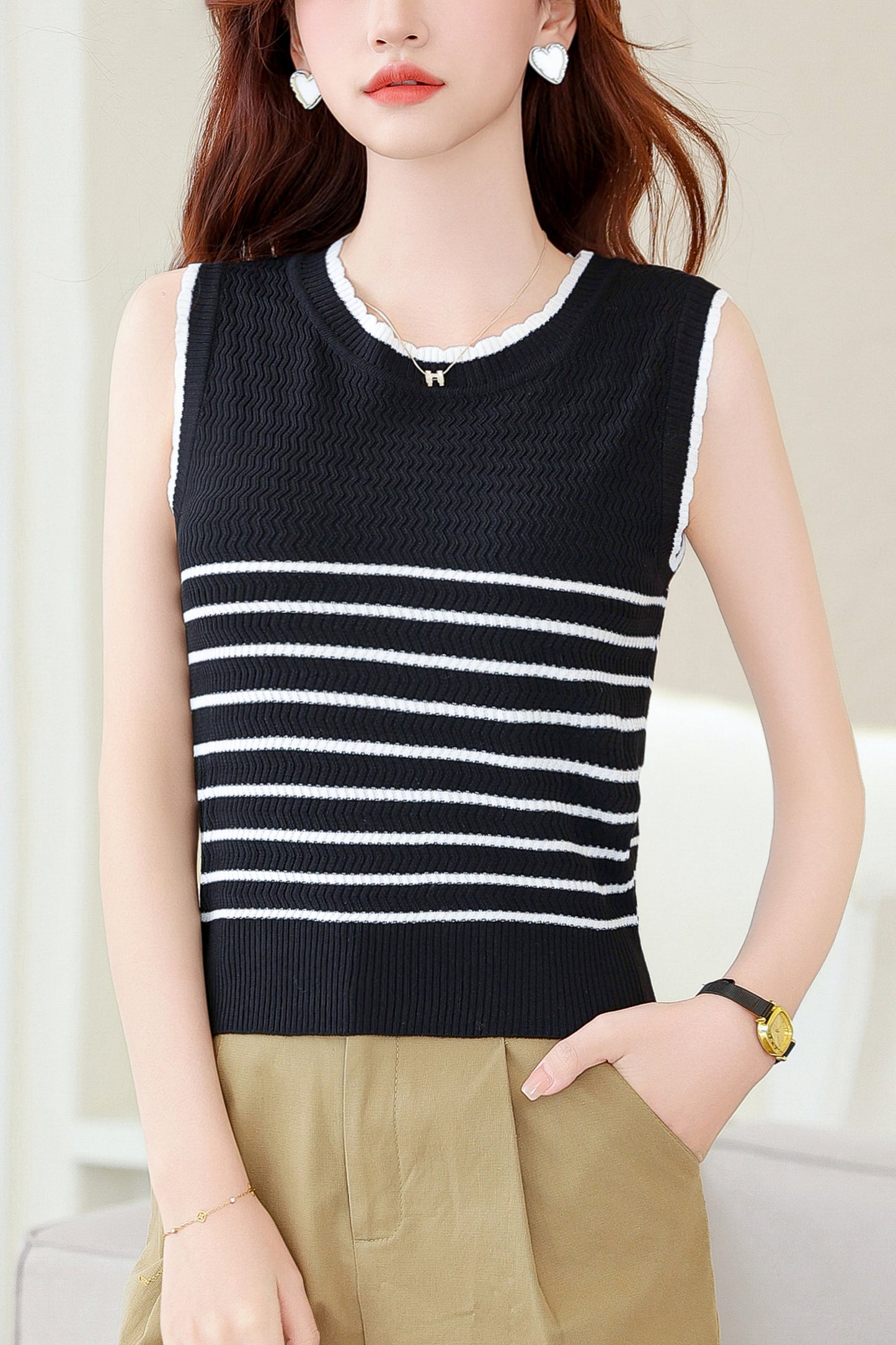 Women's Striped Sleeveless Shirt Ribbed Knit Tops