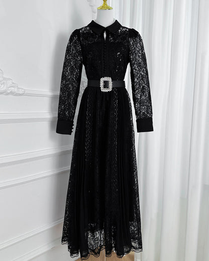 Lace & Chiffon Maxi Dress – Elegant Long Sleeve Dress with Crystal Belt