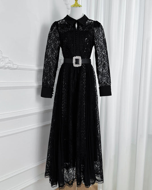 Lace & Chiffon Maxi Dress – Elegant Long Sleeve Dress with Crystal Belt