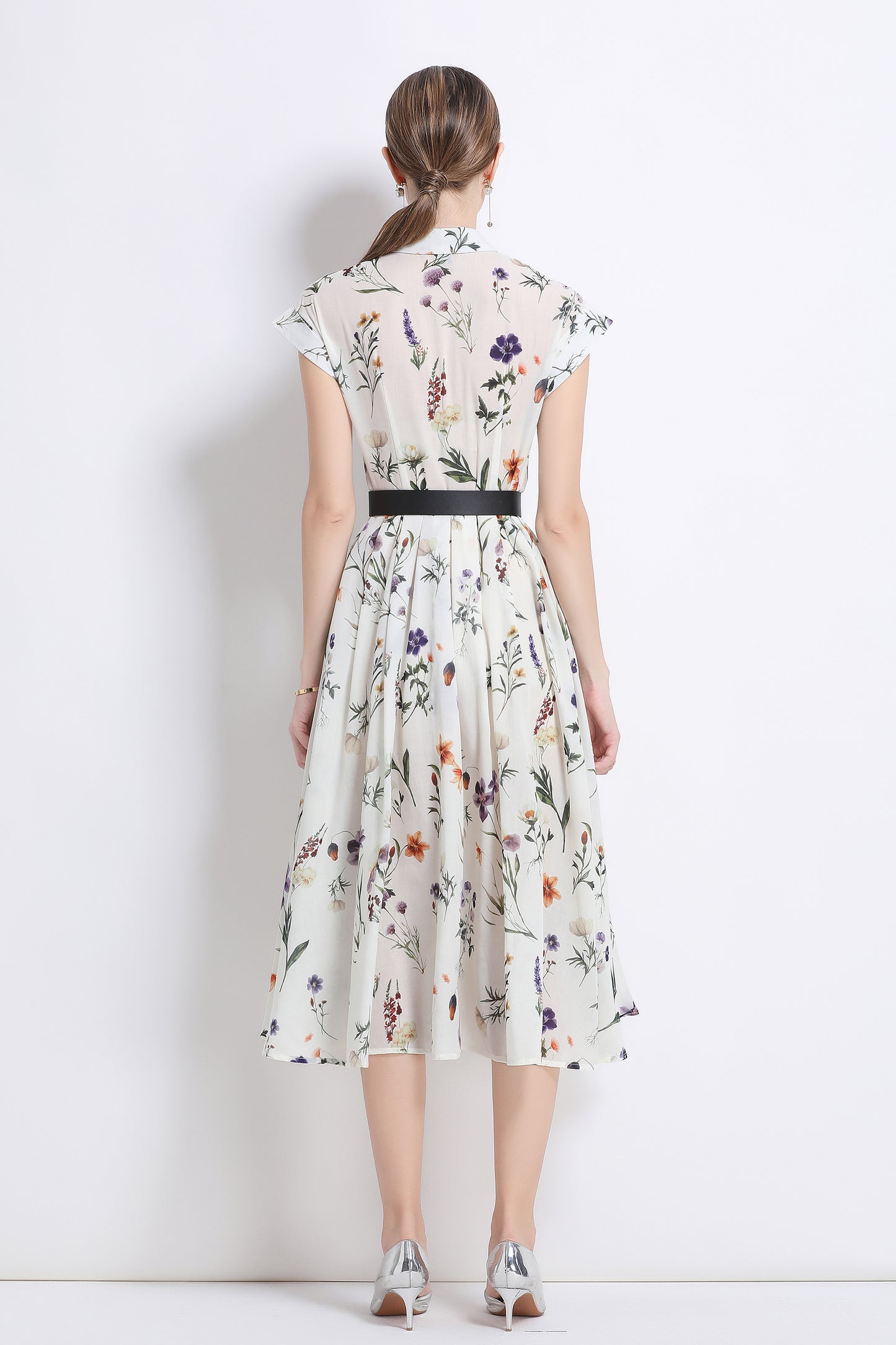 Women's Short Sleeves Collar Printed Buttons Midi Dress