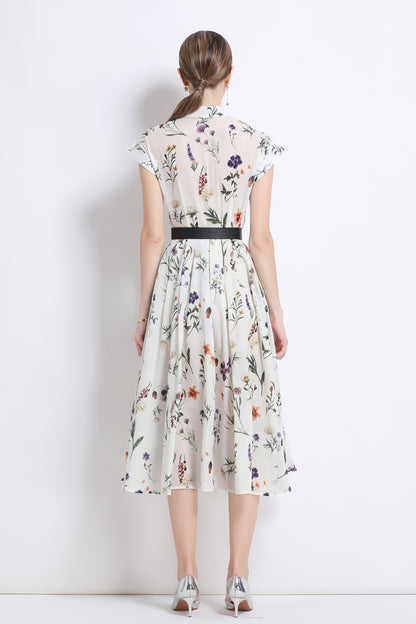 Women's Short Sleeves Collar Printed Buttons Midi Dress