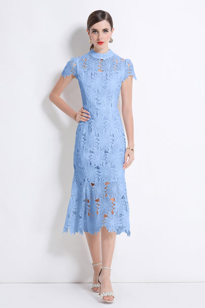Women Hollow Out Lace Floral Fishtail Midi Dress