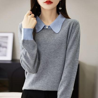 Contrast Collar Knit Sweater – Vintage Long Sleeve Pullover Top