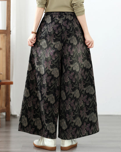 Boho Dark Floral Wide-Leg Jeans Elastic Waist Denim Pants