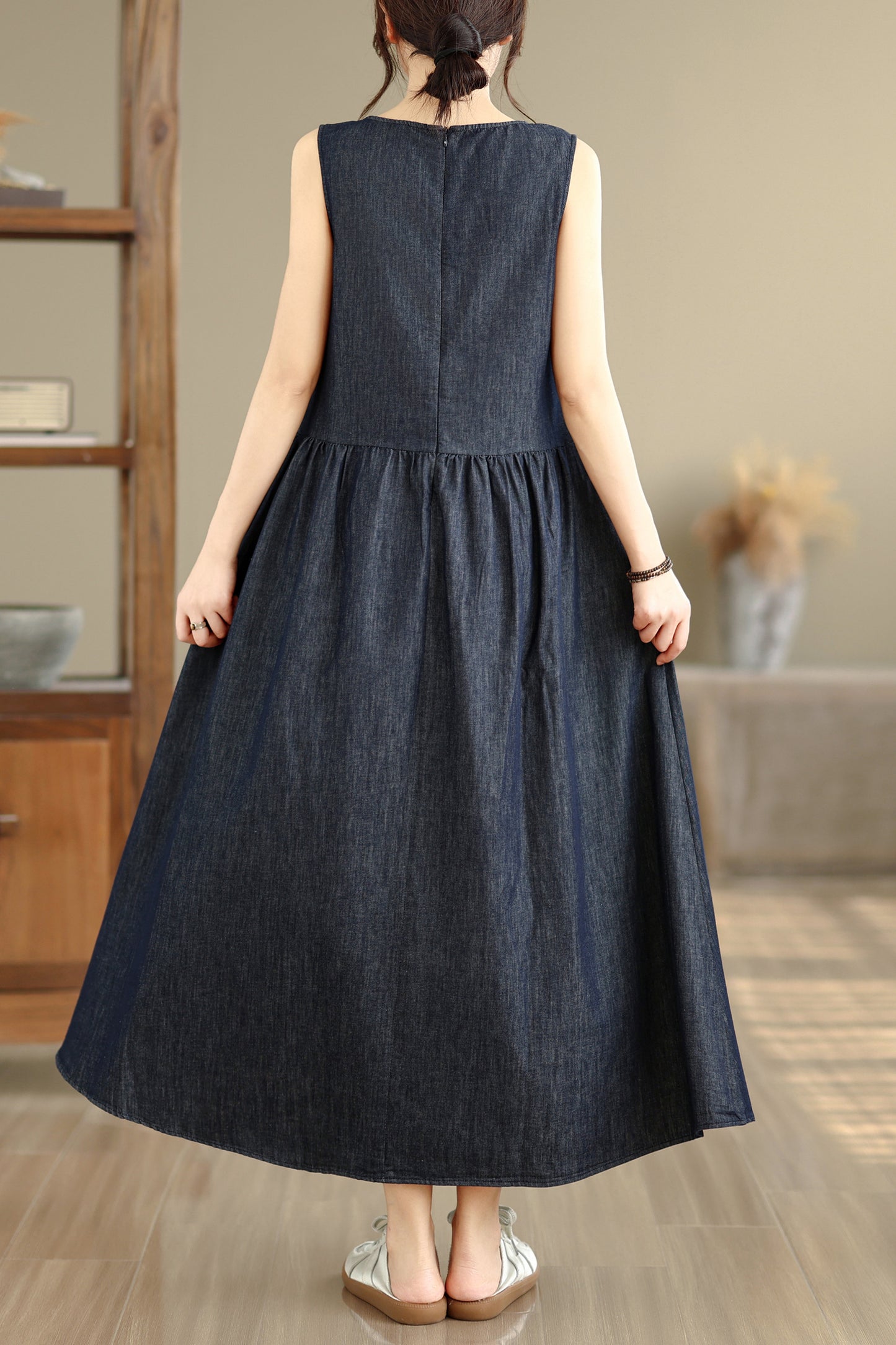 Casual Sleeveless Denim Loose Vest Midi Dress with Pockets