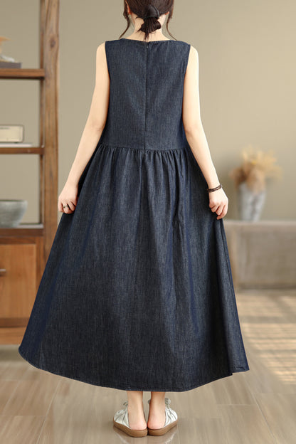 Casual Sleeveless Denim Loose Vest Midi Dress with Pockets