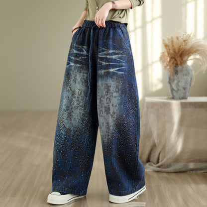 28679-Vintage Galaxy Speckle Denim Wide-Leg Pants with Drawstring Waist