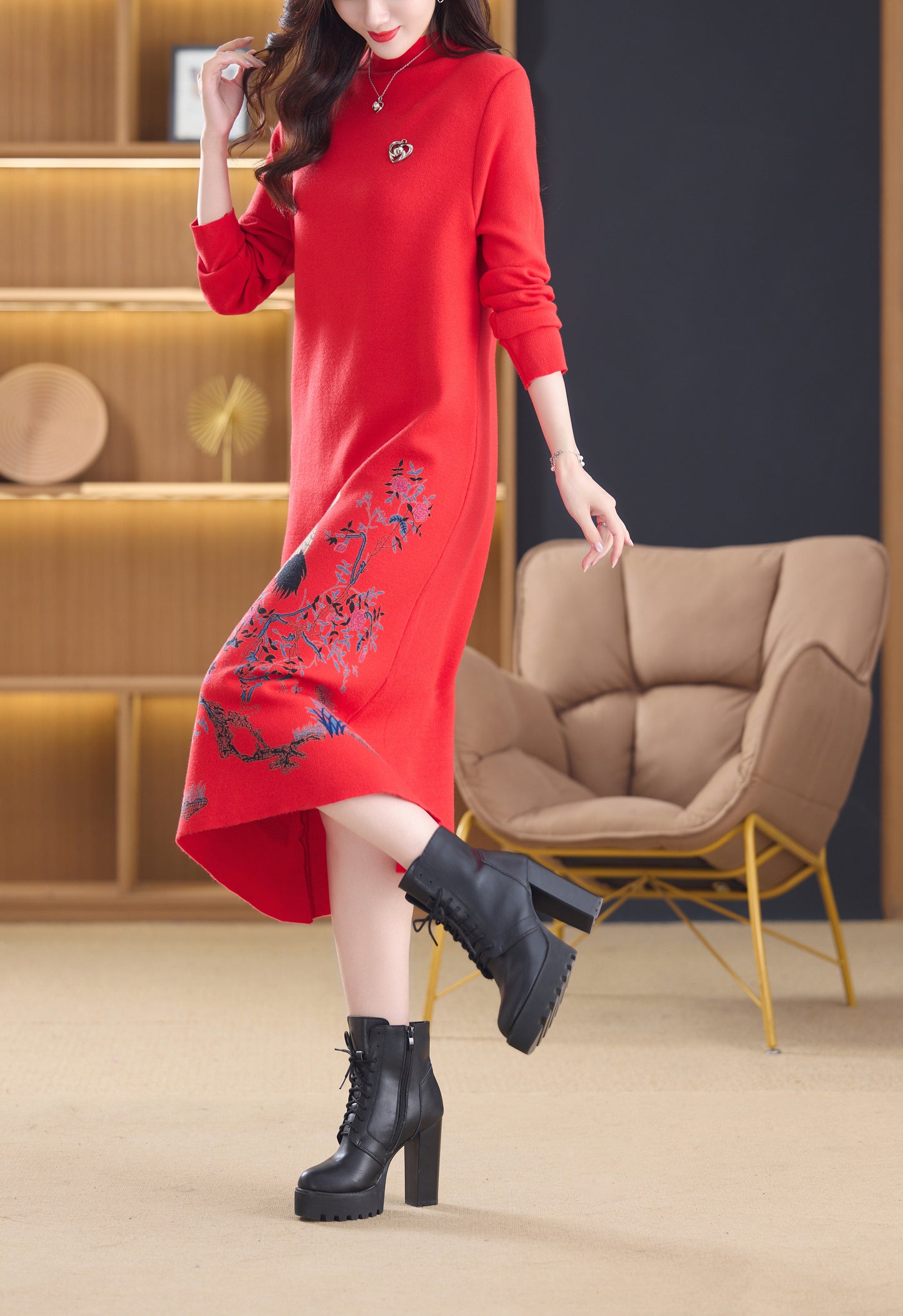 Women's Turtleneck Sweater Long Sleeve Red Dress