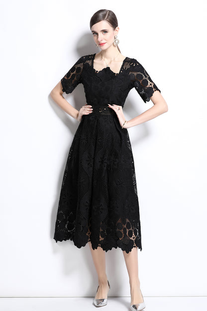 Women's Lace Hollow Solid Color Midi Dress