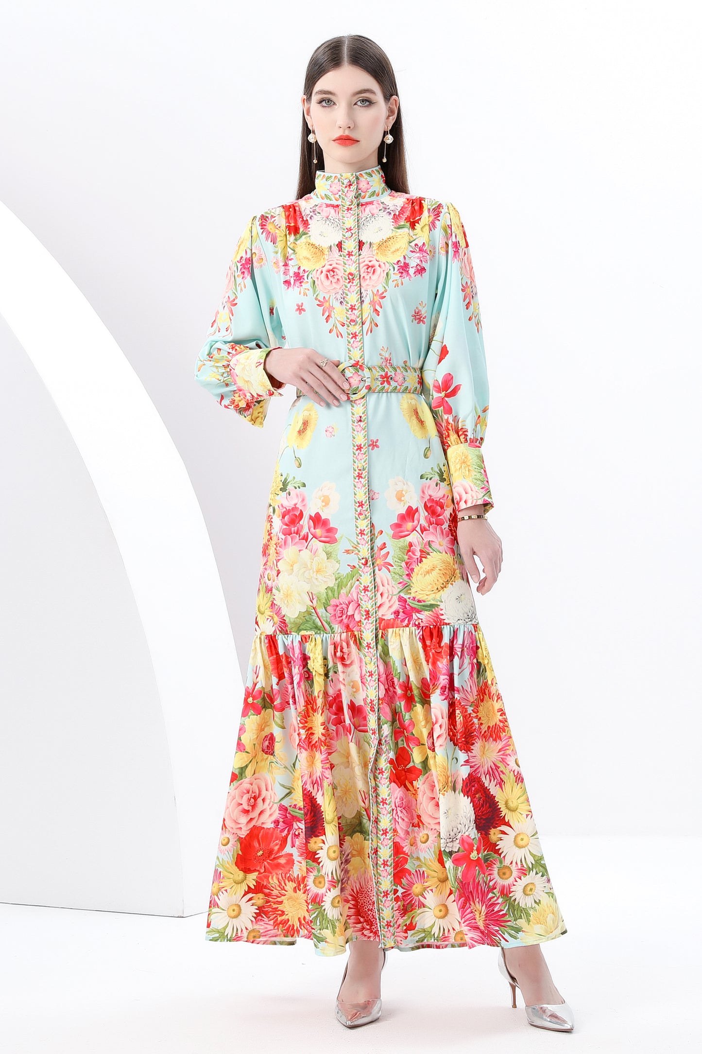 Women's Puff Sleeve Button Floral Pring Maxi Dress