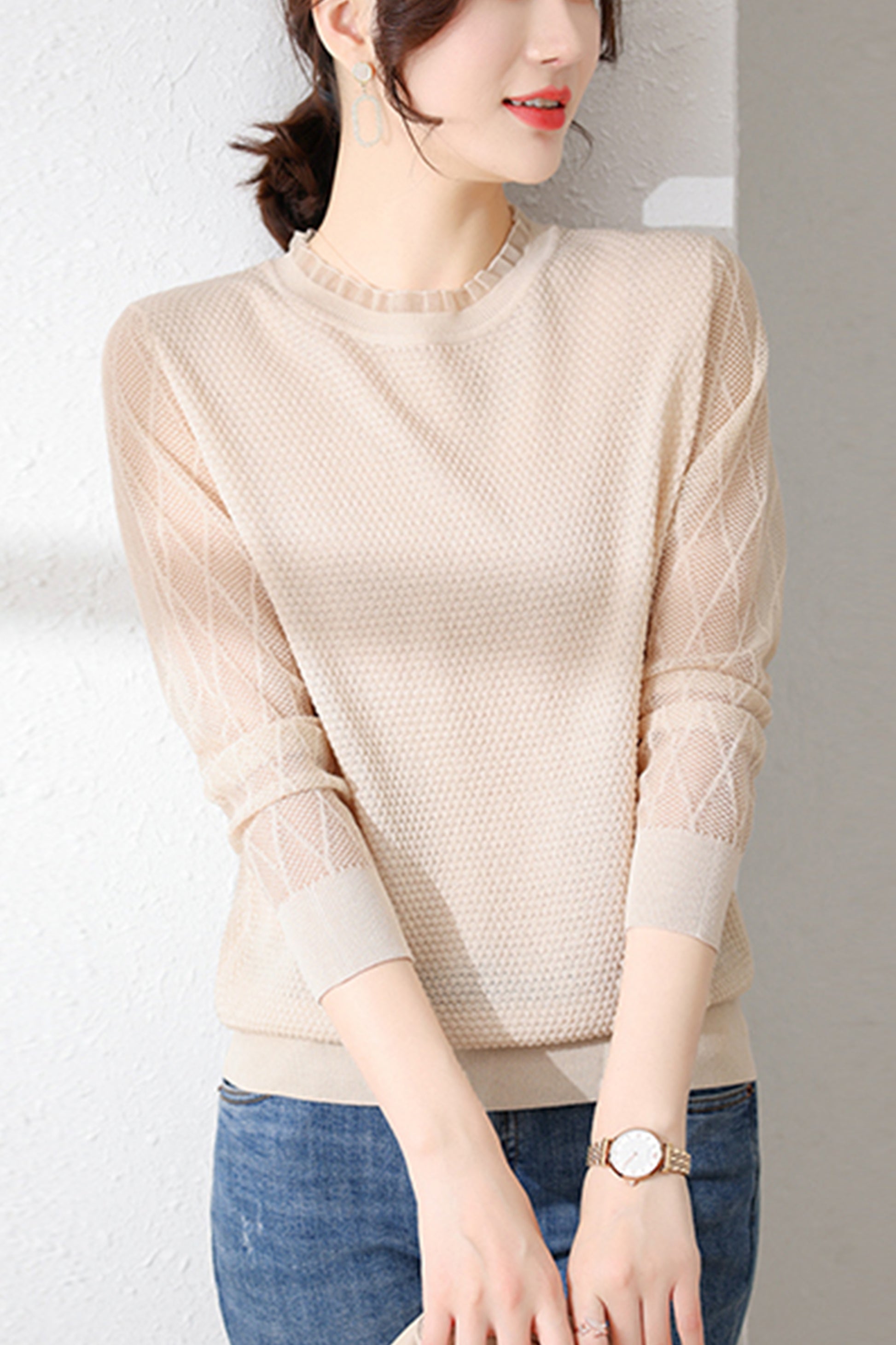 Women's Sweater Puff Sleeve Patchwork Lace Tops - LAI MENG FIVE CATS