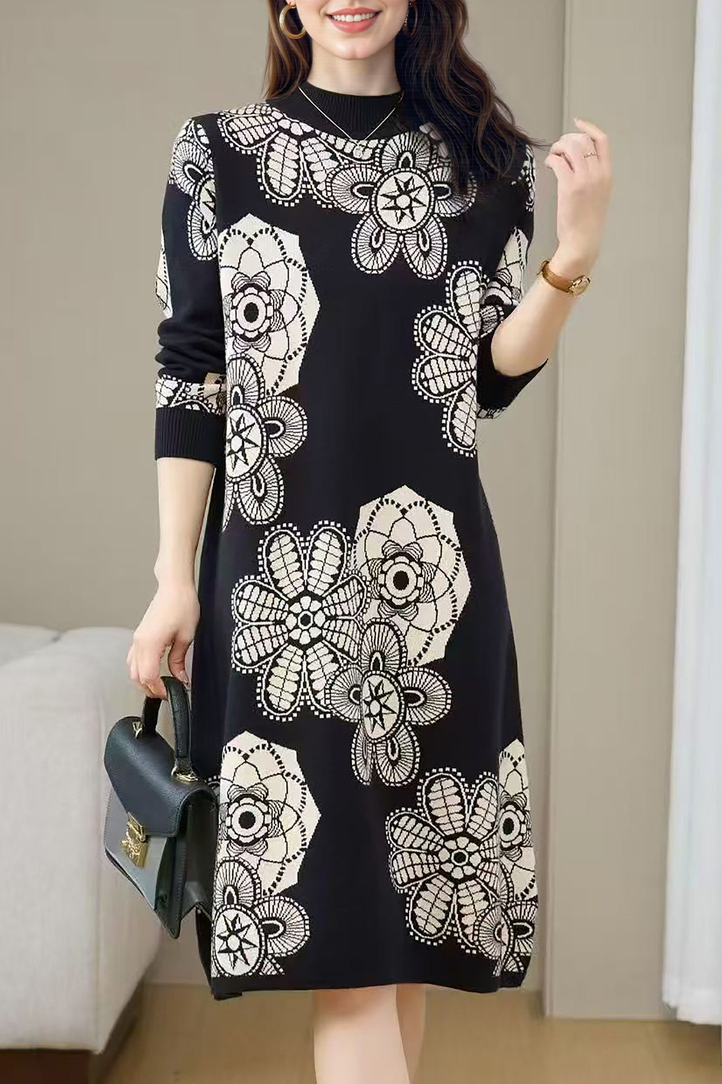 Women's Turtleneck Print Pullover Sweater Midi Dress
