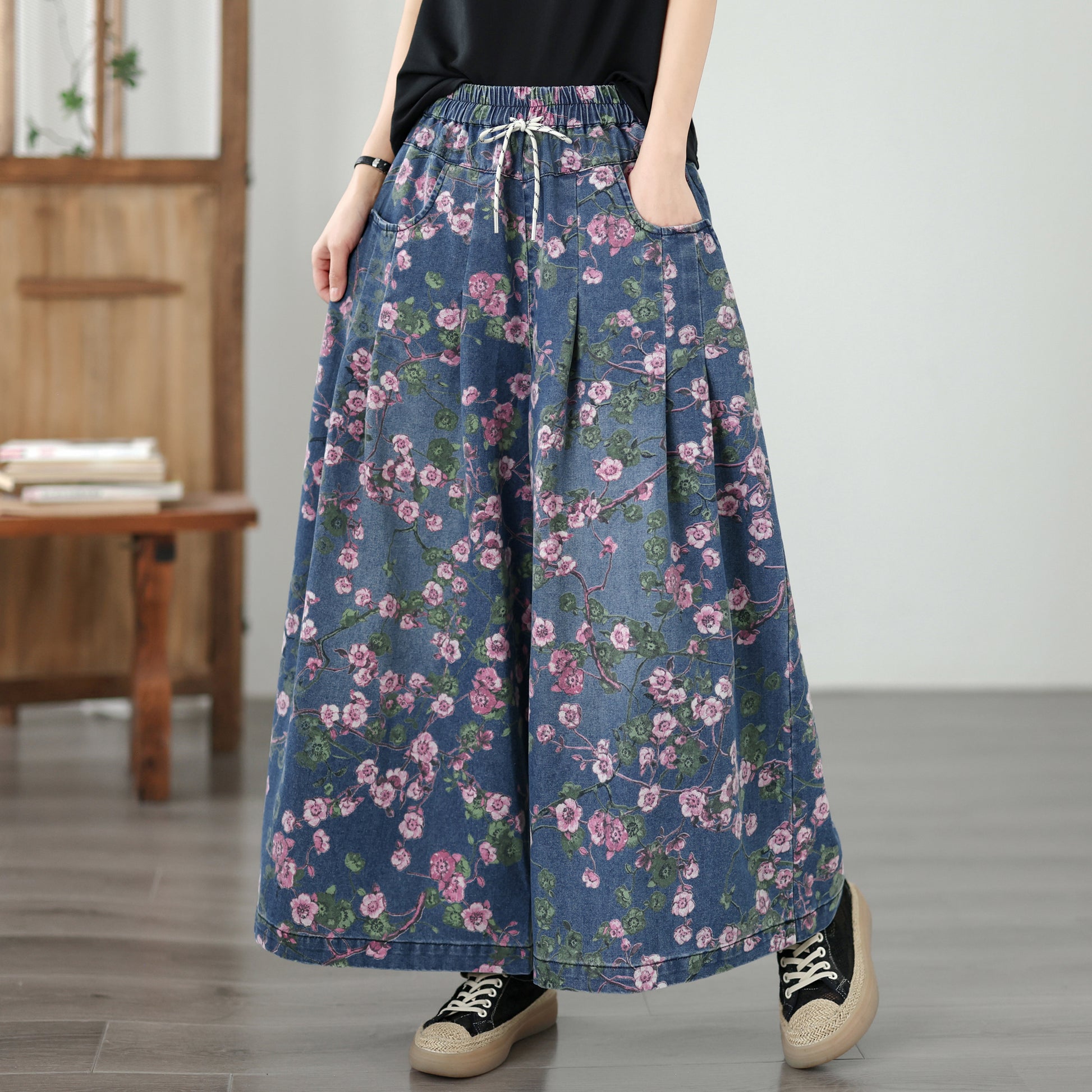 Women's Wide Leg Jeans Baggy Floral Wasited Elastic Pants - LAI MENG FIVE CATS