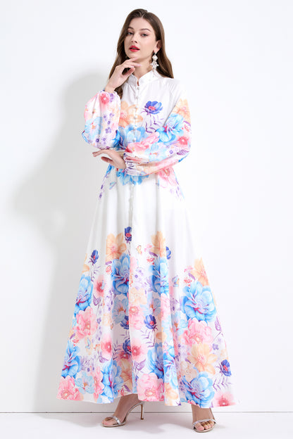 Women's Floral Print Puff Sleeve Split Maxi Dress