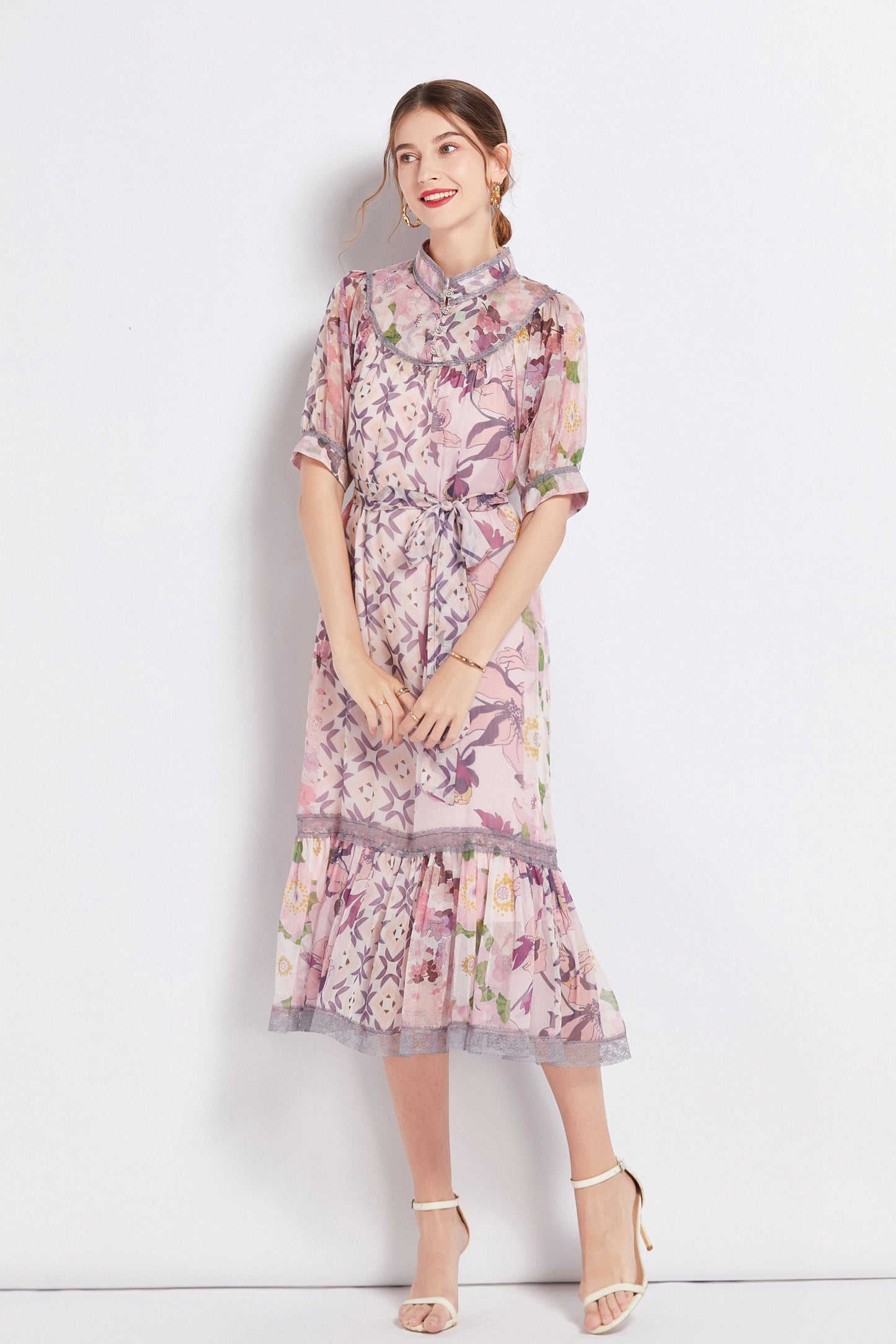 FSY-Women's Chiffon Short Sleeve Floral Ruffle Loose Midi Dress