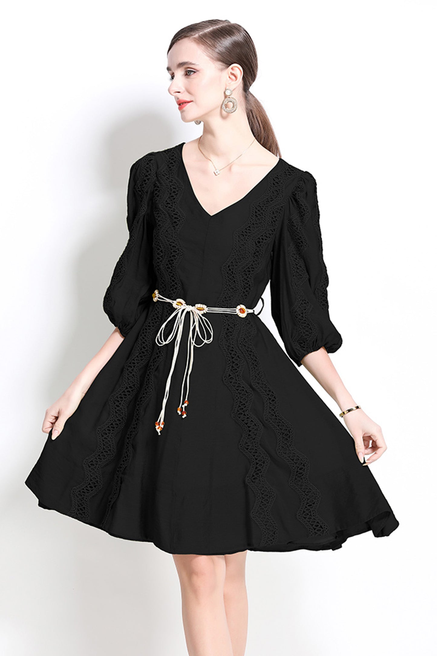 Women's Puff Sleeves V-Neck Hollow Embroidery Mini Dress