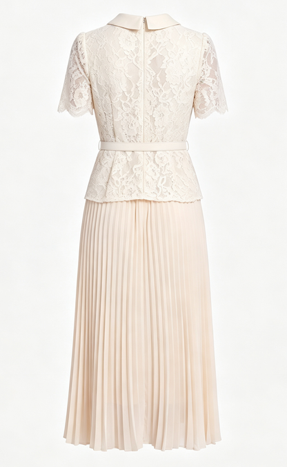 Lace Pleated Midi Dress | Elegant Collared Belted Dress for Women